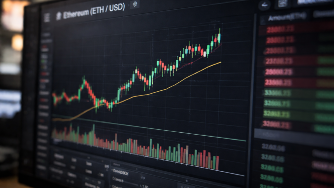 A computer monitor displaying an Ethereum (ETH/USD) candlestick price chart with rising trend lines and trading volume bars on a cryptocurrency trading interface.
