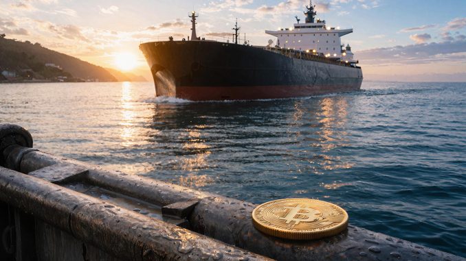 Bitcoin coin on a dock as an oil tanker passes at sunrise, reflecting easing supply shock and a potential price breakout toward lower oil levels