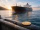 Bitcoin coin on a dock as an oil tanker passes at sunrise, reflecting easing supply shock and a potential price breakout toward lower oil levels