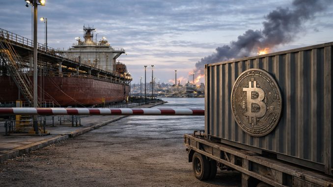 Bitcoin container halted at a port checkpoint as smoke rises in the distance, reflecting how escalating Iran war fears are weighing on the crypto market