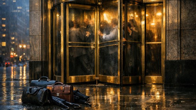 Investors crowded inside a revolving door at a Wall Street building while briefcases sit abandoned outside in the rain, symbolizing restricted withdrawals from private credit funds as money moves toward Bitcoin