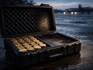 Open case filled with gold Bitcoin coins on wet pavement at dusk, symbolizing the White House claim that the Iran war consumed value equal to half of the US Bitcoin reserve in six days
